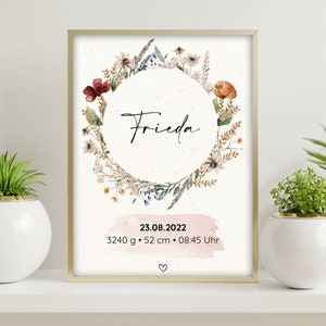 Poster Geburtsdaten Geburtsposter Baby Kinderzimmer Mädchen Wildblumen | personalisiert oder Platz für Fußabdruck