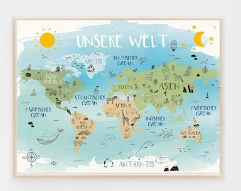 Poster world map "Our World" for the children's room - continents with animals | art print