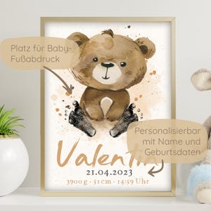 Baby Poster Fußabdruck Geburtsdaten  Geburtsposter Kinderzimmer Bär | personalisiert mit Platz für Fußabdruck