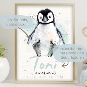 Baby Poster Fußabdruck Geburtsdaten  Geburtsposter Kinderzimmer Pinguin | personalisiert mit Platz für Fußabdruck