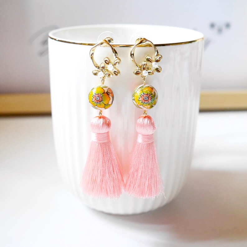 Blush Pink Dangle /& Drop Earrings Prom Earrings Summer Buttercup Long Tassels Earrings Tensha Bead Earrings