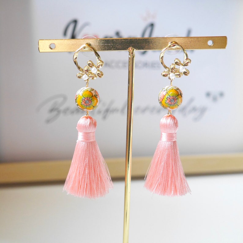 Blush Pink Dangle /& Drop Earrings Prom Earrings Summer Buttercup Long Tassels Earrings Tensha Bead Earrings