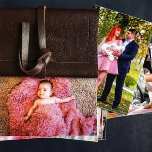 レザーフォトラップ、4"x6" (10 x 15 cm) または 5"x7" (13 x 18 cm) プリント用の茶色のレザーフォトパッケージ、写真家のクライアントギフト、誓約ケース
