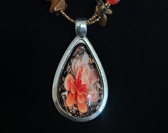 Handgemaakte kunst zwart glas oranje bloem hanger ketting