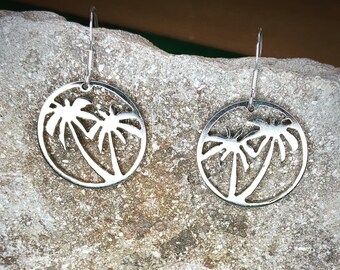 Cute Earrings, Palm tree silver earrings, made from vintage 5p coins