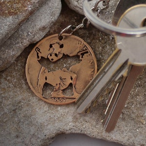 Banksy Shooting Panda Key Chain, Made from a vintage British Penny