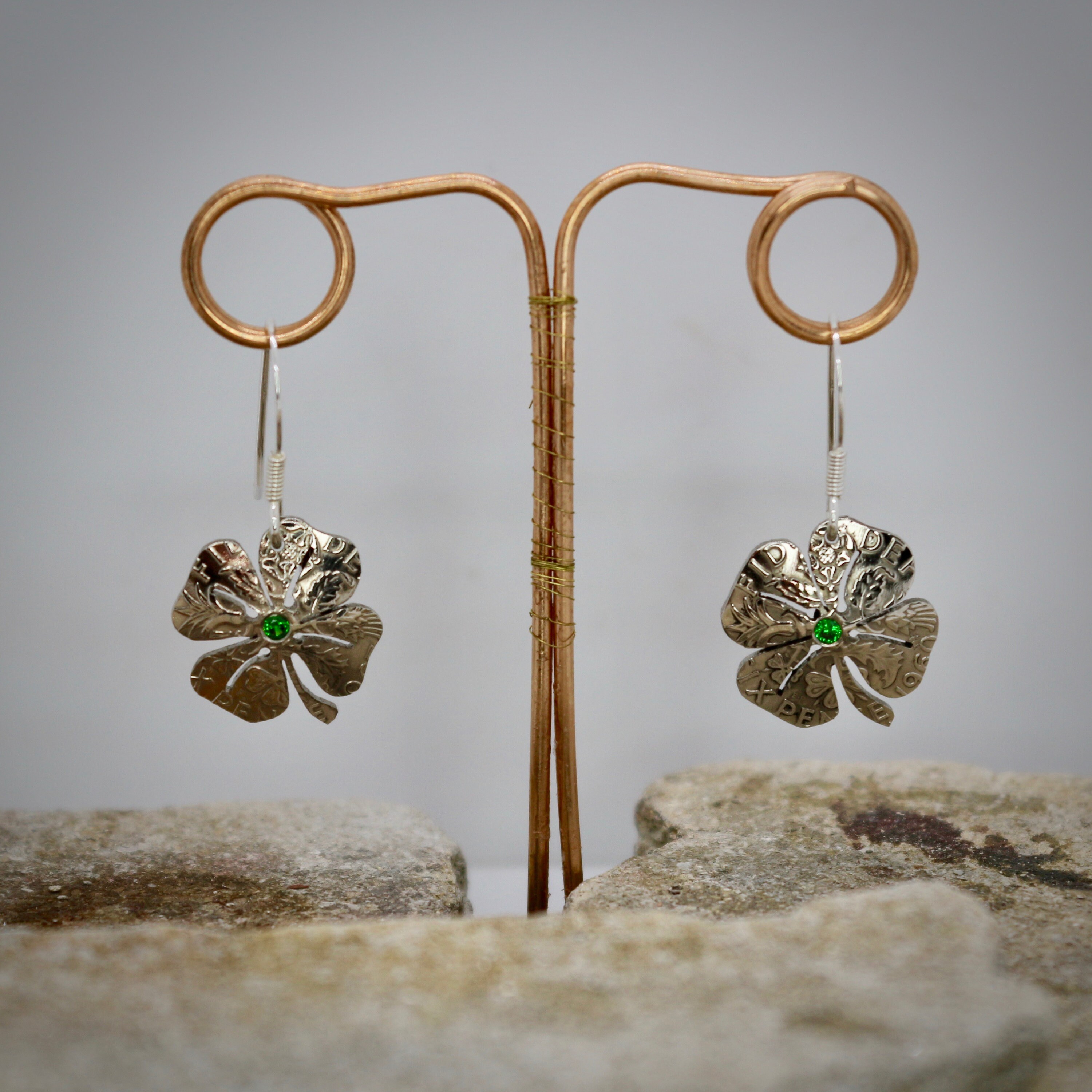 Lucky Sixpence, 4 Leaf Clover, Earring, Necklace, Cufflinks, with a Emerald Green cubic zirconia.