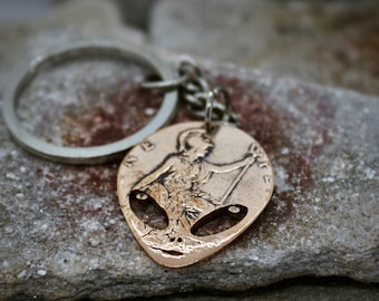 Alien Head Plectrum Key Chain. Made FromA Vintage British Penny