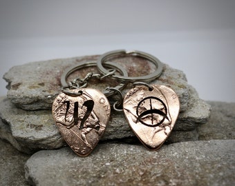 U2 Guitar picks, Coin Necklace, Plectrum Key Chain, pendant, made from vintage British penny coin, cut with U2 image.