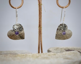 Lucky Sixpence Hand Made Heart Earrings, With Purple cubic zirconia.