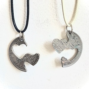 Coin Necklace, Vintage Half crown heart puzzle pendant, couples jewellery, bff, his and hers necklace set.