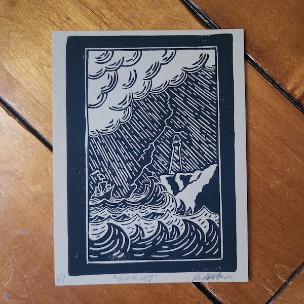 Sinking / Hand Carved / Hand Printed Linocut