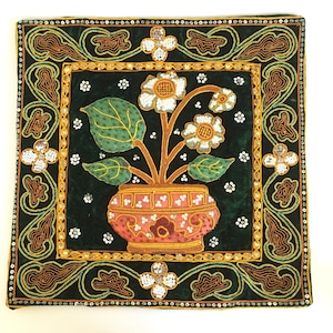 pillow case cover flower embroidered bead handmade vintage kalaga pillowcase blue color  thailand thai burmese wall hanging art decor sofa