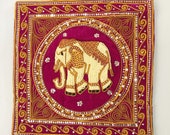 pillow case cover elephant embroidered bead handmade vintage kalaga pillowcase thailand thai burmese wall hanging art decor sofa