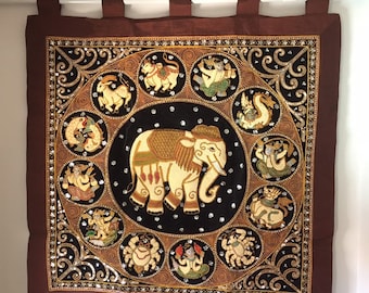 tapestry kalaga wall hanging elephant  bead embroidered handmade thai burmese  brown art decor sofa home decoration living room