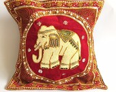 pillow case cover elephant embroidered bead handmade vintage kalaga pillowcase red color thailand thai burmese wall hanging art decor sofa