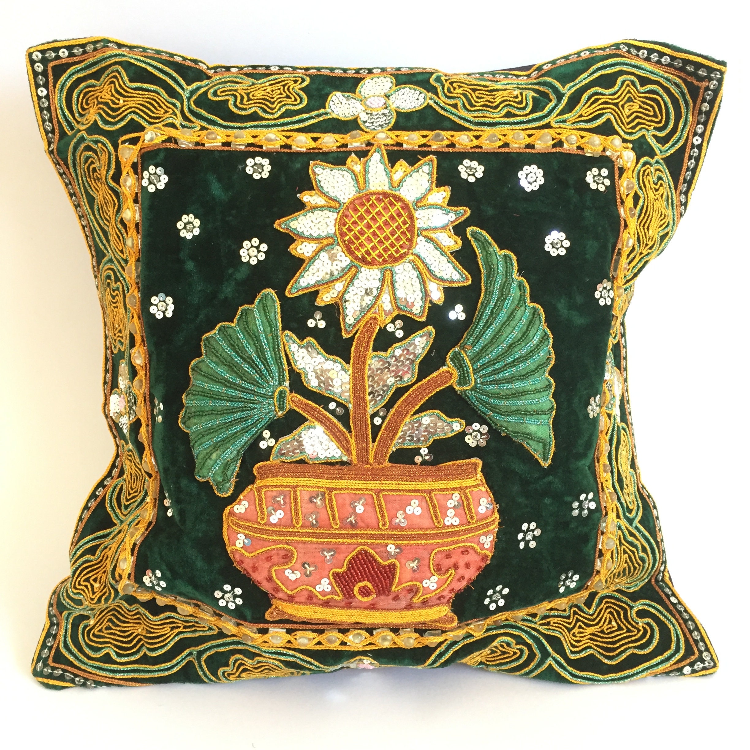 Pillow case cover flower embroidered bead handmade vintage Etsy