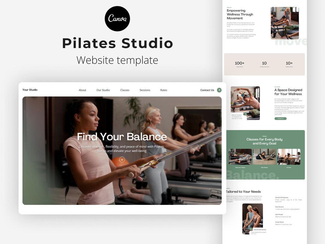 Pilates Website Template Canva Website Template Fitness Instructors ...