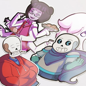May include: Four cartoon character stickers featuring a pink and white character holding a tray of pastries, a blue and white character with a blue scarf, a red and white character with a skull, and a pink and white character with a musical note.