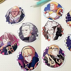 May include: Nine round stickers featuring anime-style illustrations of characters with different hairstyles and clothing. The stickers have a white background with a purple, pink, and blue star pattern around the edges.