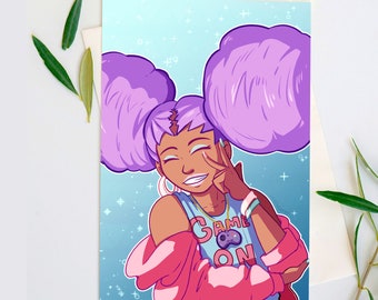 May include: A digital illustration of a person with purple hair and a pink jacket. The person is smiling and has a peace sign up. The person is wearing a blue shirt with the text "Game On" and a game controller graphic.