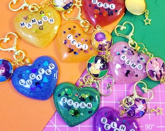 Obey me! Resin heart Keychain,  Obey me shall we date demon name key chain, Resin heart keyhain