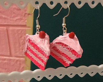 Strawberry cake dangle earrings, polymer clay jewelry