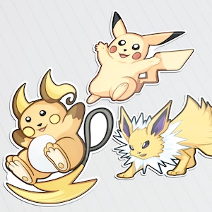 May include: Three cartoon Pokemon characters: Pikachu, Jolteon, and Raichu. Pikachu is yellow with red cheeks and a lightning bolt tail. Jolteon is yellow with blue fur and a lightning bolt tail. Raichu is yellow with brown fur and a lightning bolt tail.