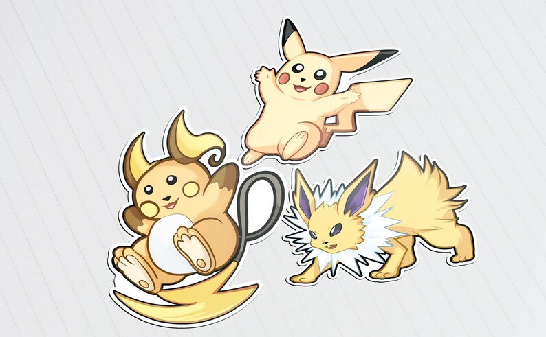 May include: Three cartoon Pokemon characters: Pikachu, Jolteon, and Raichu. Pikachu is yellow with red cheeks and a lightning bolt tail. Jolteon is yellow with blue fur and a lightning bolt tail. Raichu is yellow with brown fur and a lightning bolt tail.