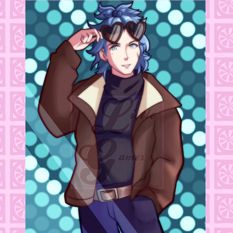 May include: A blue-haired person wearing a brown jacket with a fur collar, a black turtleneck, blue jeans, and heart-shaped sunglasses. The person is standing in front of a blue and white background.