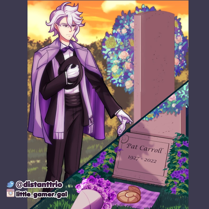 May include: A man in a purple suit and coat stands in front of a tombstone with a wreath of flowers. The tombstone reads "Pat Carroll 1927 - 2022".