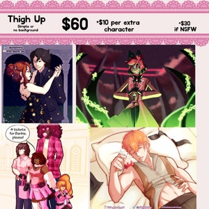 May include: A digital illustration of four characters in different poses. The characters are a woman with red hair, a man with black hair, a woman with pink hair, and a man with orange hair. The illustration is set against a variety of backgrounds, including a starry night, a green and red landscape, and a white room. The text "Thigh Up" is at the top of the image, along with the price "$60" and information about additional character costs.