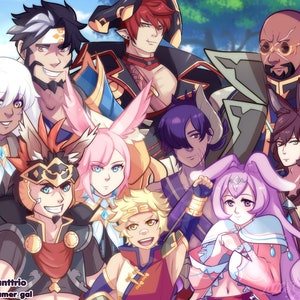May include: A group of anime characters with different hairstyles and clothing. The characters are standing in front of a green background with a blue sky. The characters are all smiling and looking at the camera. The characters are wearing a variety of outfits, including a pink dress, a blue shirt, a red shirt, and a black shirt. The characters are all holding different items, including a sword, a staff, and a book.