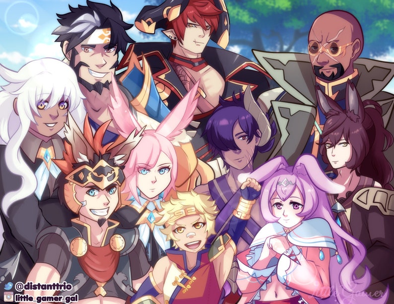May include: A group of anime characters with different hairstyles and clothing. The characters are standing in front of a green background with a blue sky. The characters are all smiling and looking at the camera. The characters are wearing a variety of outfits, including a pink dress, a blue shirt, a red shirt, and a black shirt. The characters are all holding different items, including a sword, a staff, and a book.
