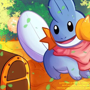 May include: A blue and purple cartoon character with a pink scarf and a yellow star on its head. The character is standing in a forest setting with a wooden chest in the background.