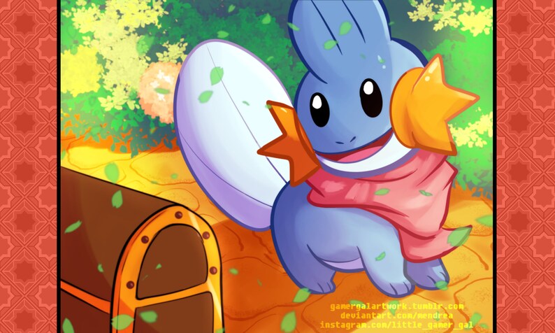 May include: A blue and purple cartoon character with a pink scarf and a yellow star on its head. The character is standing in a forest setting with a wooden chest in the background.