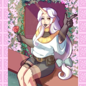 May include: A white-haired woman with a unicorn horn and a gold necklace is sitting on a bench. She is wearing a white shirt, black shorts, and black gloves. She is holding a red rose in her right hand and pointing with her left hand. The background is a pink and green floral pattern.