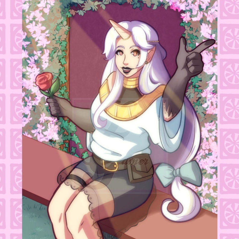 May include: A white-haired woman with a unicorn horn and a gold necklace is sitting on a bench. She is wearing a white shirt, black shorts, and black gloves. She is holding a red rose in her right hand and pointing with her left hand. The background is a pink and green floral pattern.