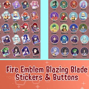 Puede incluir: Un conjunto de 32 pegatinas y botones de Fire Emblem Blazing Blade con personajes del juego. Las pegatinas y los botones son redondos y presentan ilustraciones coloridas de los personajes. El texto "Fire Emblem Blazing Blade Stickers & Buttons" está impreso en rojo en la parte inferior de la imagen.