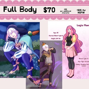May include: Two digital illustrations of characters. The first character is a male with white hair, wearing a blue and green outfit, holding a carrot. The second character is a female with pink hair, wearing a black shirt, pink skirt, and white shoes. The text "Full Body $70" is at the top of the image.
