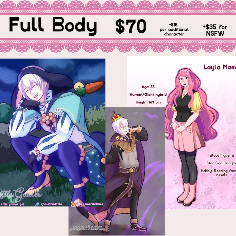 May include: Two digital illustrations of characters. The first character is a male with white hair, wearing a blue and green outfit, holding a carrot. The second character is a female with pink hair, wearing a black shirt, pink skirt, and white shoes. The text "Full Body $70" is at the top of the image.