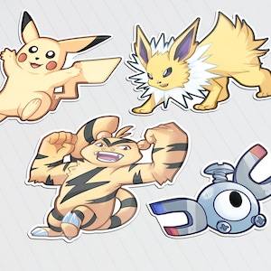 May include: Four cartoon stickers featuring Pokemon characters. The stickers are on a white background. The characters are Pikachu, Eevee, a tiger-like Pokemon, and a blue and gray Pokemon with a magnet.