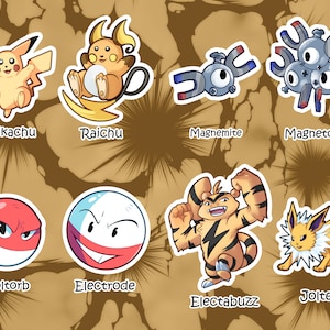 May include: A set of nine colorful cartoon stickers featuring various Pokemon characters, including Pikachu, Raichu, Magnemite, Magneton, Voltorb, Electrode, Electabuzz, and Jolteon. The stickers are set against a brown background with a comic book style design.