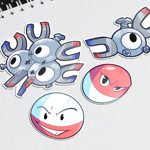May include: Four cartoon character stickers featuring a red and white ball with a frowning face, a blue and gray ball with a smiling face, a gray robot with a single eye and a blue and red magnet, and a gray robot with three eyes and three blue and red magnets.
