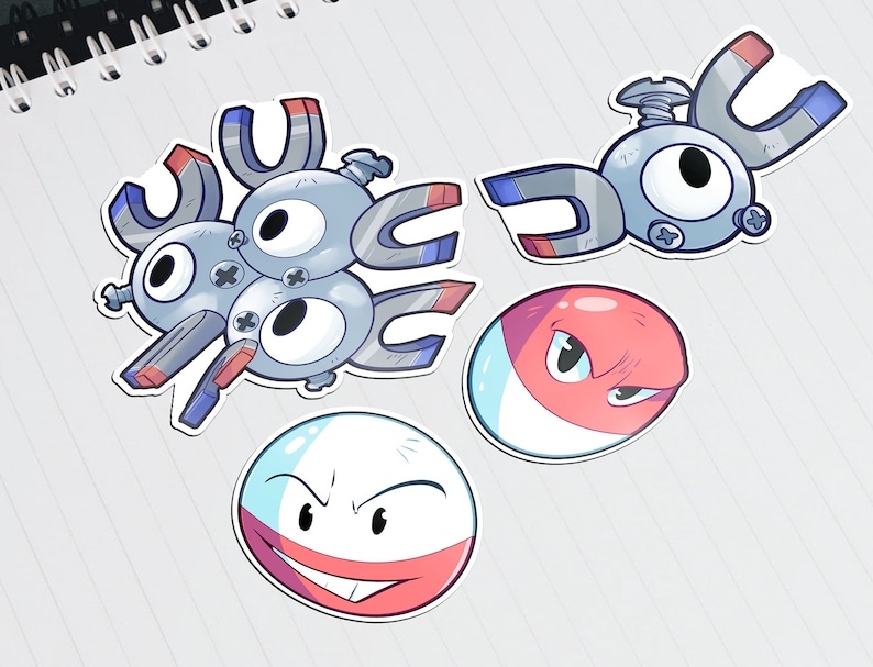 May include: Four cartoon character stickers featuring a red and white ball with a frowning face, a blue and gray ball with a smiling face, a gray robot with a single eye and a blue and red magnet, and a gray robot with three eyes and three blue and red magnets.