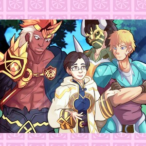 May include: A group of four cartoon characters, three male and one female, standing together. The characters are wearing colorful costumes and accessories. The character on the left is wearing a gold and red costume with a horned helmet. The character in the center is wearing a blue and gold robe with a horned helmet. The character on the right is wearing a blue and green costume with a horned helmet. The character in the front is wearing a blue and gold robe with glasses.