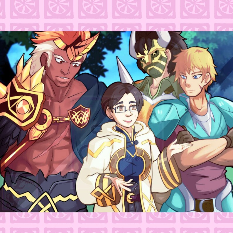 May include: A group of four cartoon characters, three male and one female, standing together. The characters are wearing colorful costumes and accessories. The character on the left is wearing a gold and red costume with a horned helmet. The character in the center is wearing a blue and gold robe with a horned helmet. The character on the right is wearing a blue and green costume with a horned helmet. The character in the front is wearing a blue and gold robe with glasses.