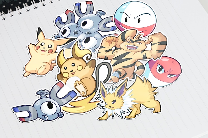 May include: A collection of colorful cartoon stickers featuring various Pokemon characters, including Pikachu, Eevee, and Magnemite. The stickers are on a white background.