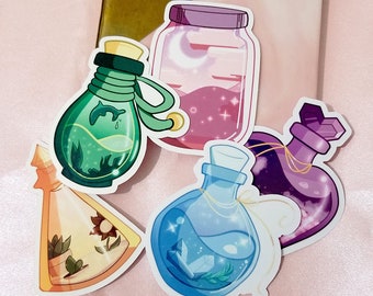 May include: Four colorful glass bottles with cork stoppers and string ties. Each bottle contains a different colored liquid and a unique design. The bottles are on a pink background.
