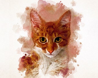 May include: A watercolor painting of a ginger cat with green eyes. The cat is looking directly at the viewer. The background is a soft pink and brown watercolor wash.